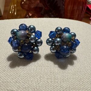 Japan vintage blue cluster clip on earrings on gold tone metal, EUC.